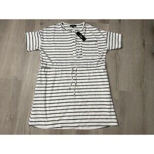 Lulu's Beach Casual White Black Stripe Travel Vacation Coastal Dress Drawstring